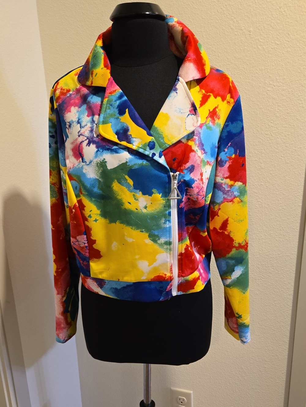 Ashley Stewart Multicolor Watercolor-Print Moto Jacket